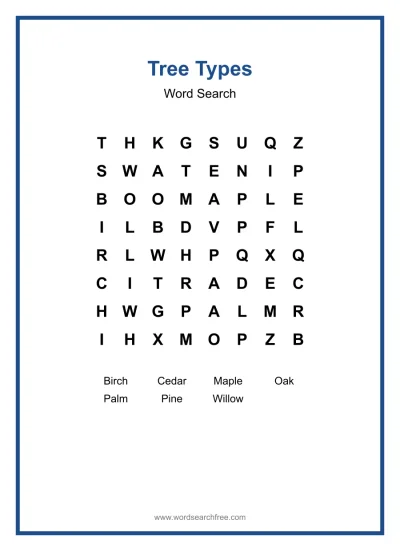 Printable Tree Types Word Search worksheet