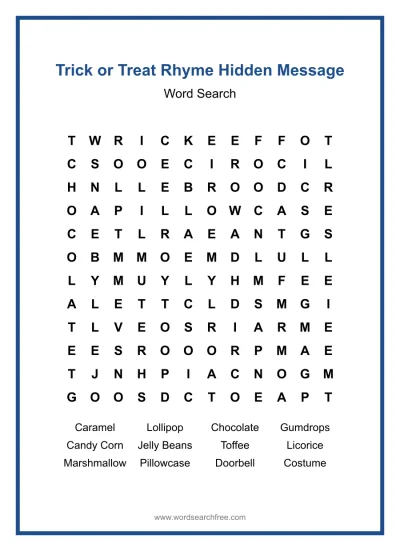 Printable Trick or Treat Rhyme Hidden Message Word Search worksheet