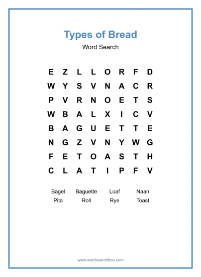 Printable Types of Bread Word Search worksheet