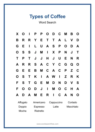 Printable Types of Coffee Word Search worksheet