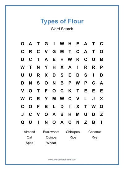 Printable Types of Flour Word Search worksheet