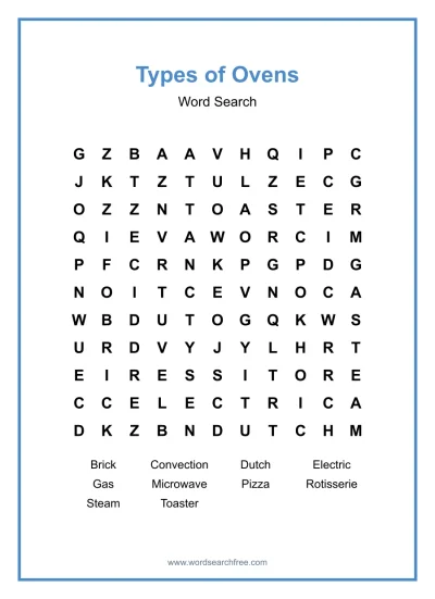 Printable Types of Ovens Word Search worksheet