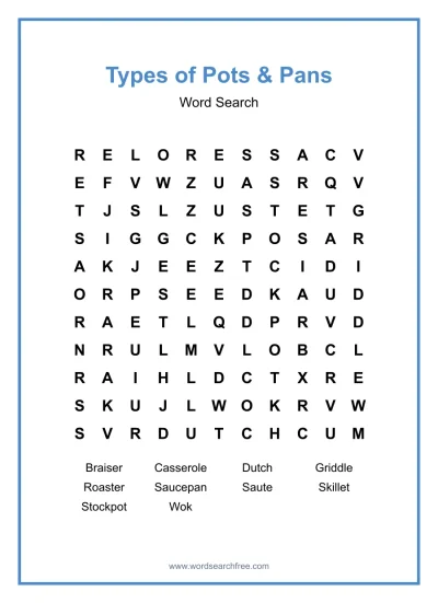 Printable Types of Pots & Pans Word Search worksheet
