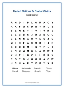 United Nations & Global Civics Word Search - Free printable puzzle with 8 words