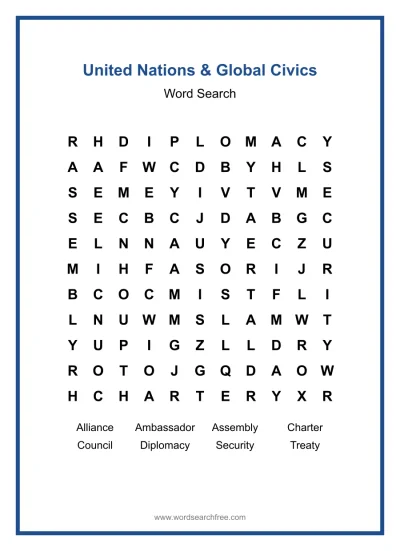 Printable United Nations & Global Civics Word Search worksheet