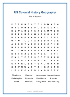 US Colonial History Geography Word Search - Free printable puzzle with 12 words