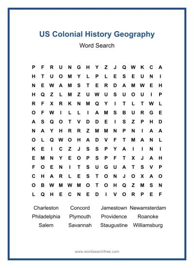 Printable US Colonial History Geography Word Search worksheet