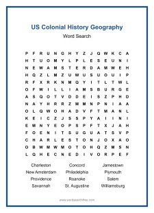 US Colonial History Geography - Hard Word Search Puzzle