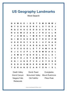US Geography Landmarks - Hard Word Search Puzzle