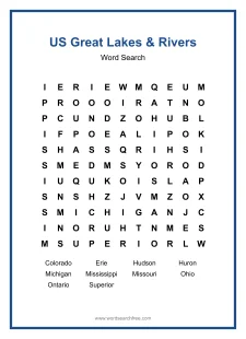 US Great Lakes & Rivers Word Search - Free printable puzzle with 10 words