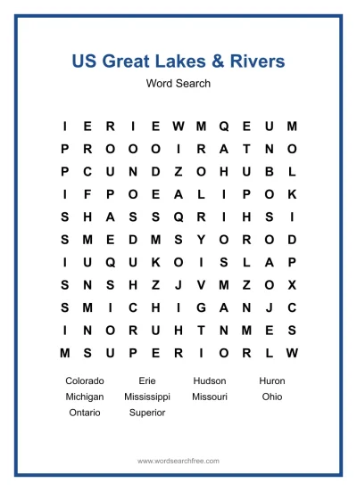 Printable US Great Lakes & Rivers Word Search worksheet
