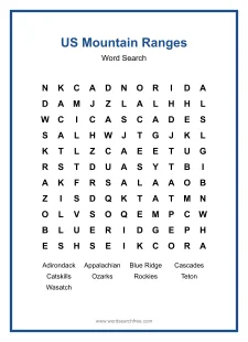 US Mountain Ranges - Medium Word Search Puzzle