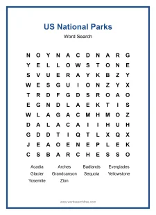 US National Parks Word Search - Free printable puzzle with 10 words