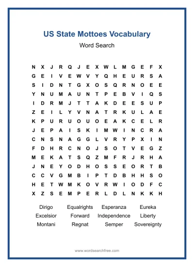 Printable US State Mottoes Vocabulary Word Search worksheet
