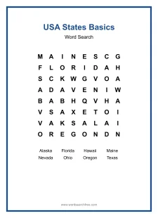 USA States Basics Word Search - Free printable puzzle with 8 words
