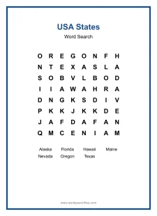 USA States Word Search - Free printable puzzle with 7 words