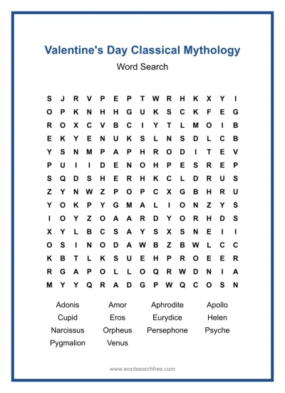 Printable Valentine's Day Classical Mythology Word Search worksheet