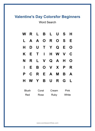 Printable Valentine's Day Colors for Beginners Word Search worksheet