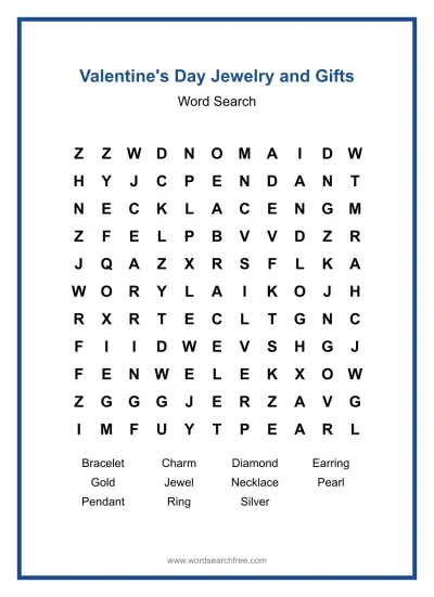 Printable Valentine's Day Jewelry and Gifts Word Search worksheet