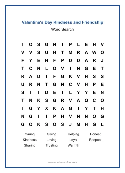 Printable Valentine's Day Kindness and Friendship Word Search worksheet
