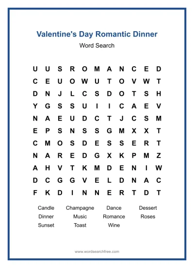 Printable Valentine's Day Romantic Dinner Word Search worksheet