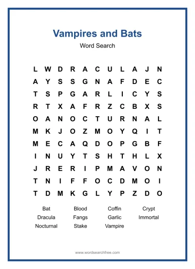 Printable Vampires and Bats Word Search worksheet