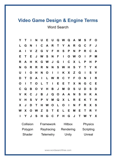 Printable Video Game Design & Engine Terms Word Search worksheet