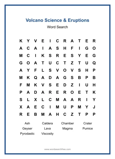 Printable Volcano Science & Eruptions Word Search worksheet
