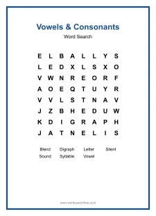 Vowels & Consonants Word Search - Free printable puzzle with 7 words