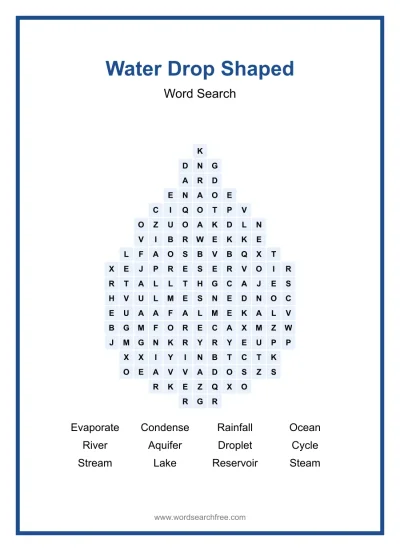 Printable Water Drop Shaped Word Search worksheet