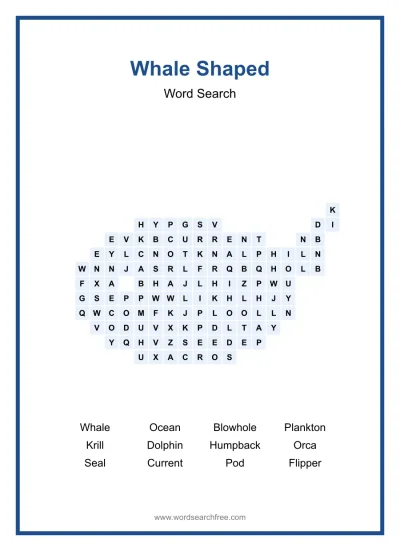 Printable Whale Shaped Word Search worksheet
