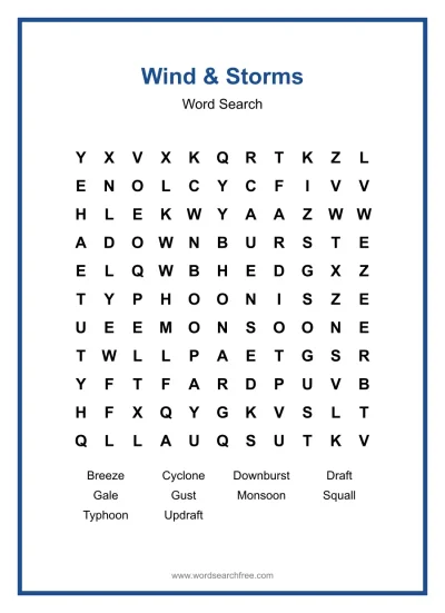 Printable Wind & Storms Word Search worksheet