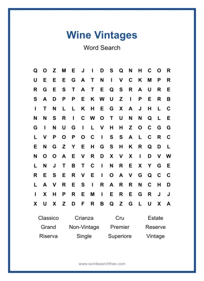 Printable Wine Vintages Word Search worksheet