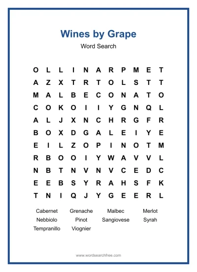 Printable Wines by Grape Word Search worksheet