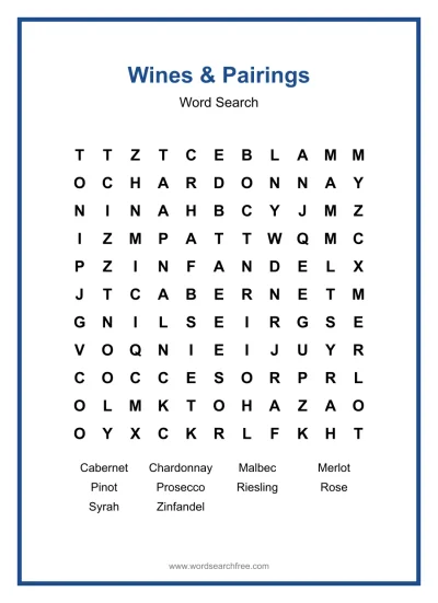 Printable Wines & Pairings Word Search worksheet