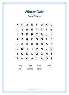 Winter Cold Word Search - Free printable puzzle with 7 words