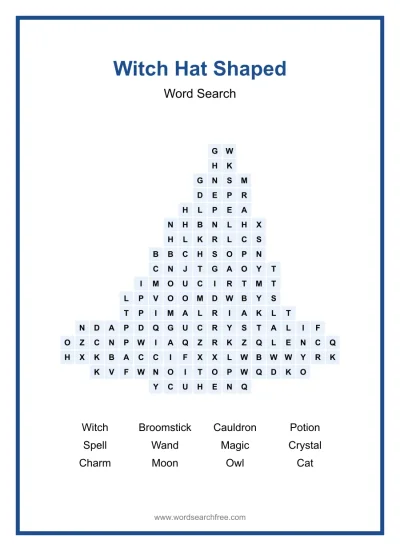 Printable Witch Hat Shaped Word Search worksheet