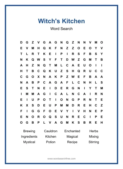 Printable Witch's Kitchen Word Search worksheet