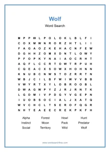 Wolf Word Search - Free printable puzzle with 12 words