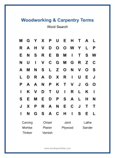 Woodworking & Carpentry Terms Word Search - Free printable puzzle with 10 words