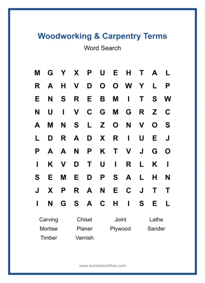 Printable Woodworking & Carpentry Terms Word Search worksheet