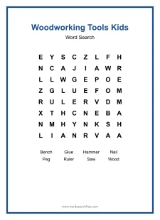 Woodworking Tools Kids Word Search - Free printable puzzle with 8 words