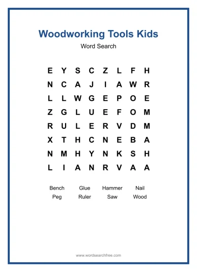 Printable Woodworking Tools Kids Word Search worksheet