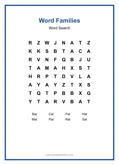 Printable Word Families Word Search worksheet