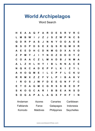 Printable World Archipelagos Word Search worksheet