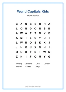 World Capitals Kids Word Search - Free printable puzzle with 7 words
