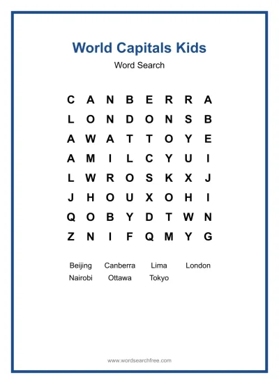 Printable World Capitals Kids Word Search worksheet