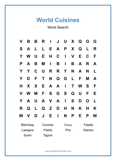 Printable World Cuisines Word Search worksheet