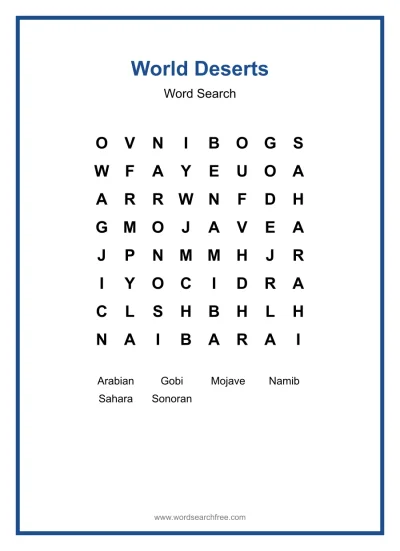 Printable World Deserts Word Search worksheet