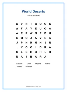 World Deserts Word Search - Free printable puzzle with 6 words